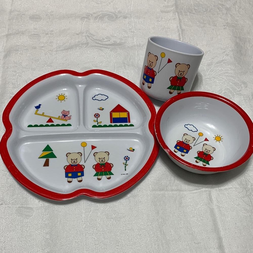 Kids Bear Design Melamine Dinnerware Set - Red and White
